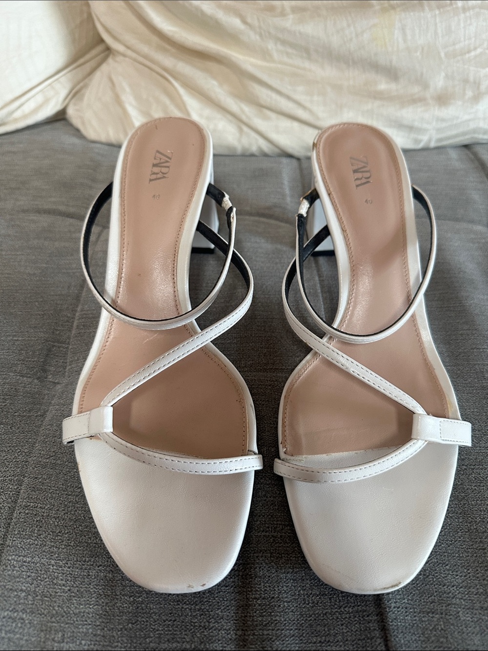 Zara White Minimal Cross-Strap Mid Heel Sandals